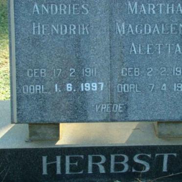 HERBST Andries Hendrik 1911-1997 &amp; Martha Magdalena Aletta 1914-1976