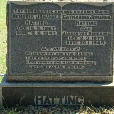 HATTING Hendrik Johannes 1867-1947 &amp; Catharina Johanna JANSEN VAN RENSBURG 1875-1949