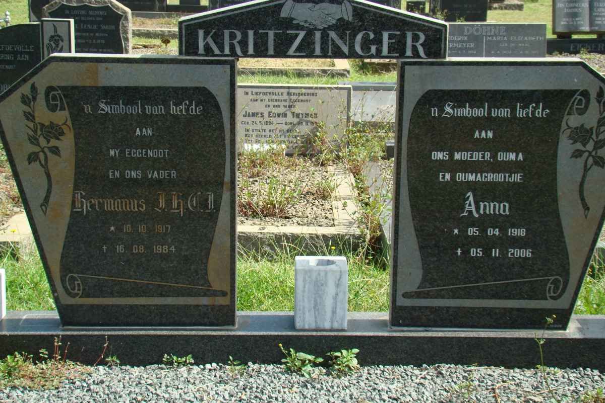 KRITZINGER Hermanus J.H.C.I. 1917-1984 &amp; Anna 1918-2006