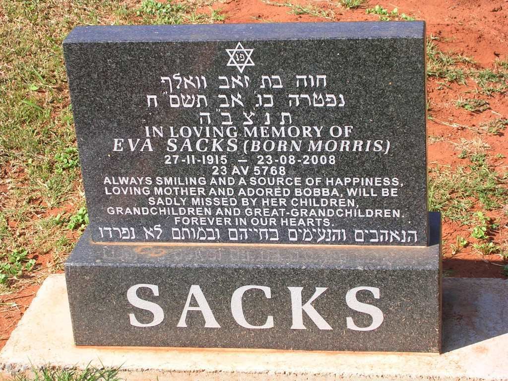 SACKS Eva nee MORRIS 1915-2008