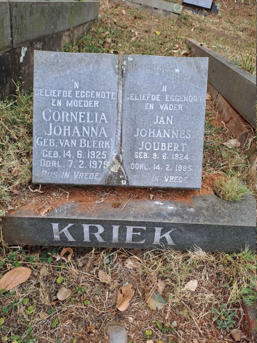 KRIEK Jan Johannes Joubert 1924-1995 & Cornelia Johanna VAN BLERK 1925-1979