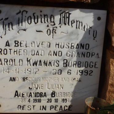 BURBIDGE Harold Kwankis 1912-1992 &amp; Jane Lilian Alexandra 1910-1994