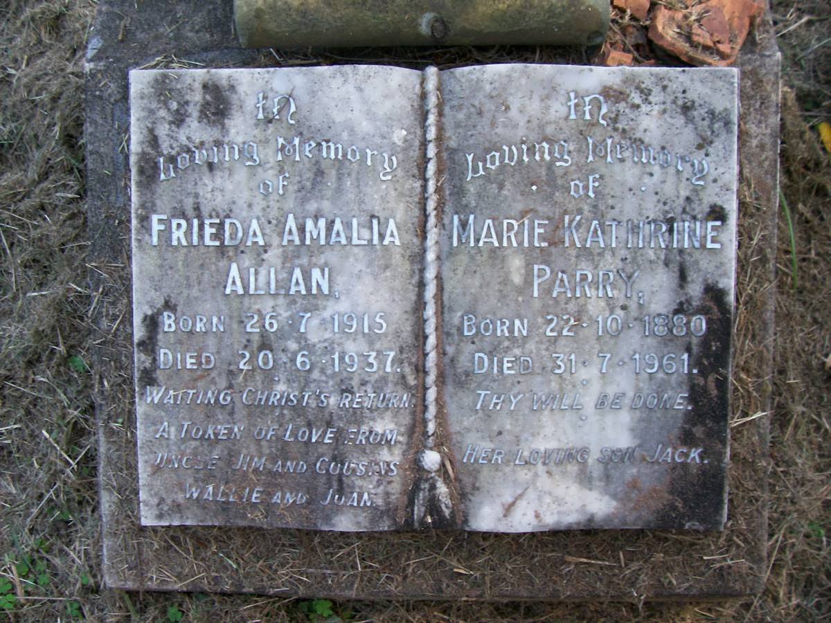 ALLAN Gerrie Albert -1928 :: PARRY Marie Kathrine 1880-1961 :: ALLAN Frieda Amalia 1915-1937