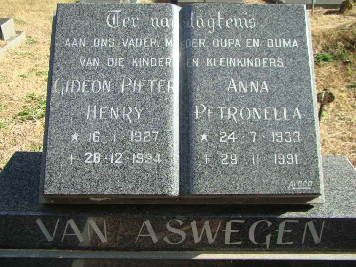 ASWEGEN Gideon Pieter Henry, van 1927-1994 &amp; Anna Petronella 1933-1991