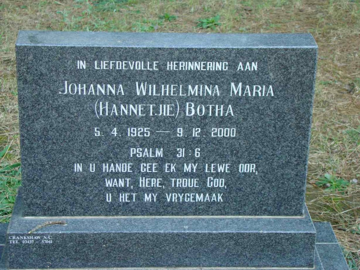 BOTHA Johanna Wilhelmina Maria 1925-2000