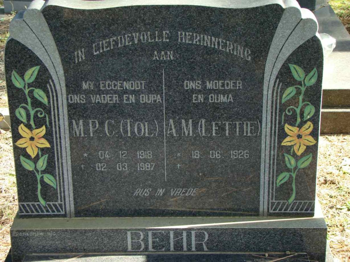 BEHR M.P.C. 1918-1987 &amp; A.M. 1926-