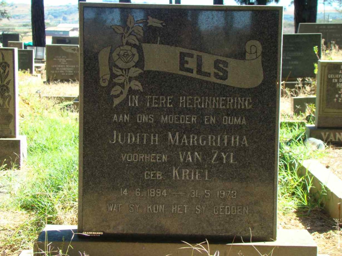 ELS Judith Margritha formerly VAN ZYL nee KRIEL 1894-1973