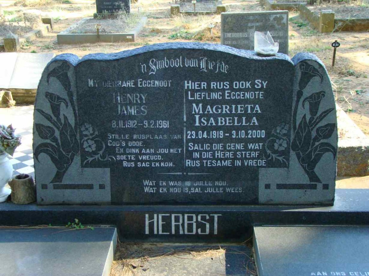 HERBST Henry James 1912-1961 &amp; Magrieta Isabella 1919-2000