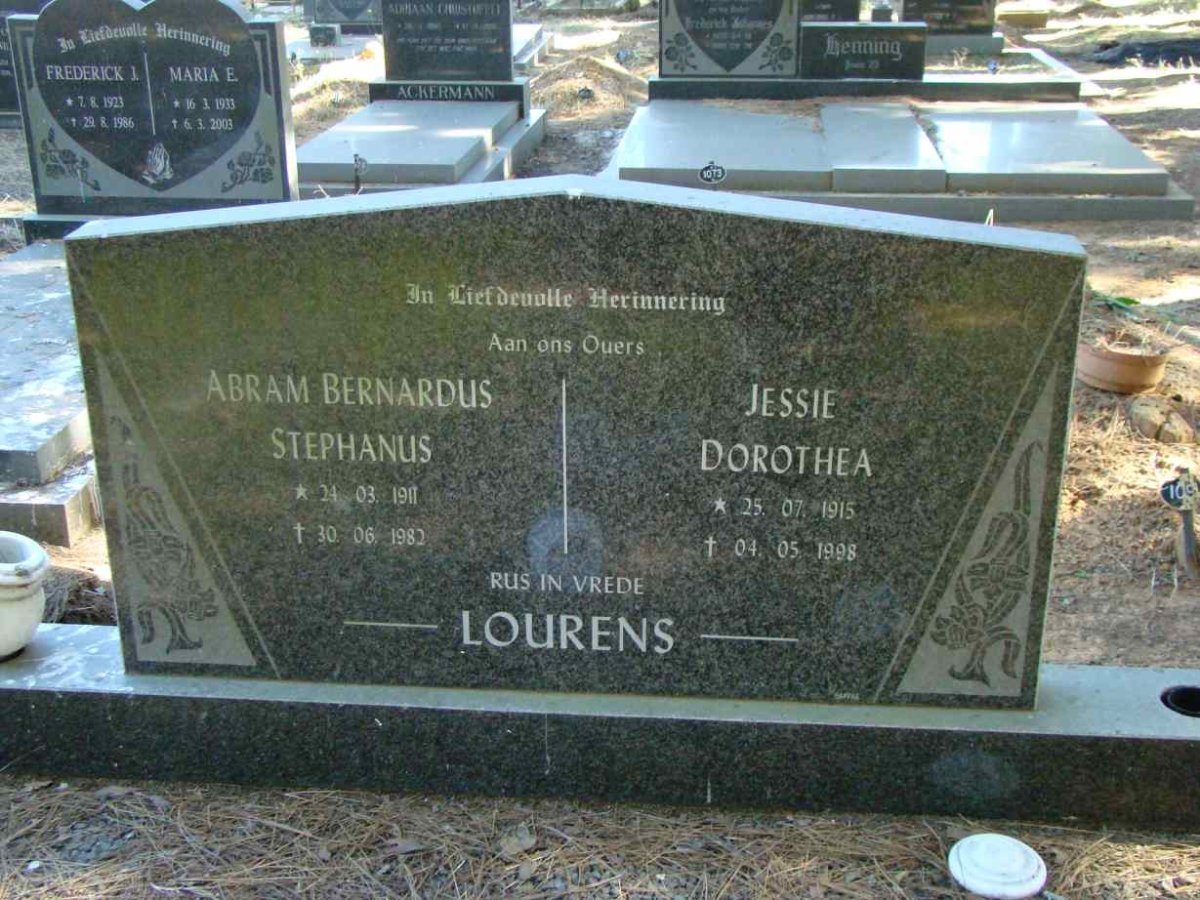 LOURENS Abram Bernardus Stephanus 1911-1982 &amp; Jessie Dorothea 1915-1998