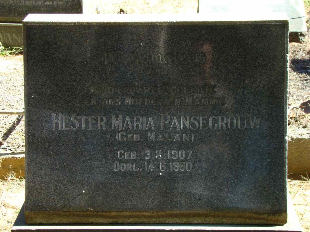 PANSEGROUW Hester Maria nee MALAN 1907-1960