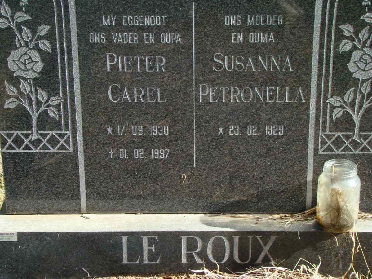 ROUX Pieter Carel, le 1930-1997 &amp; Susanna Petronella 1929-