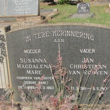 ROOYEN Jan Christiaan, van 1861-1917 &amp; Susanna Magdalena MARE, formerly VAN ROOYEN nee MARE 1885-1963