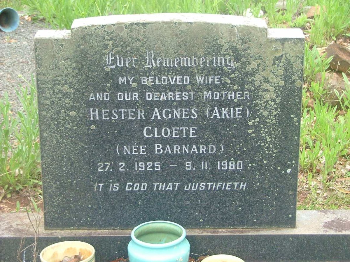 CLOETE Hester Agnes nee BARNARD 1925-1980