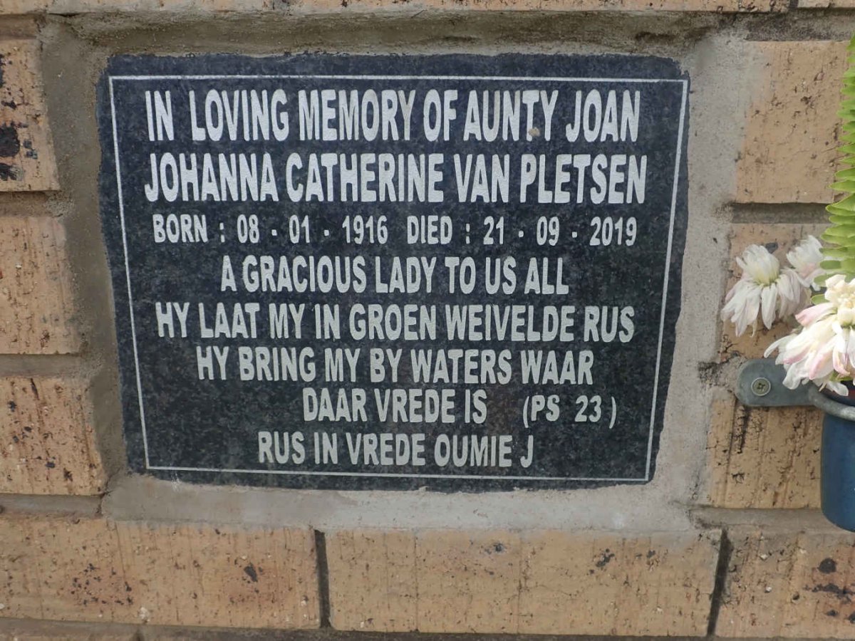 PLETSEN Johanna Catherine, van 1916-2019