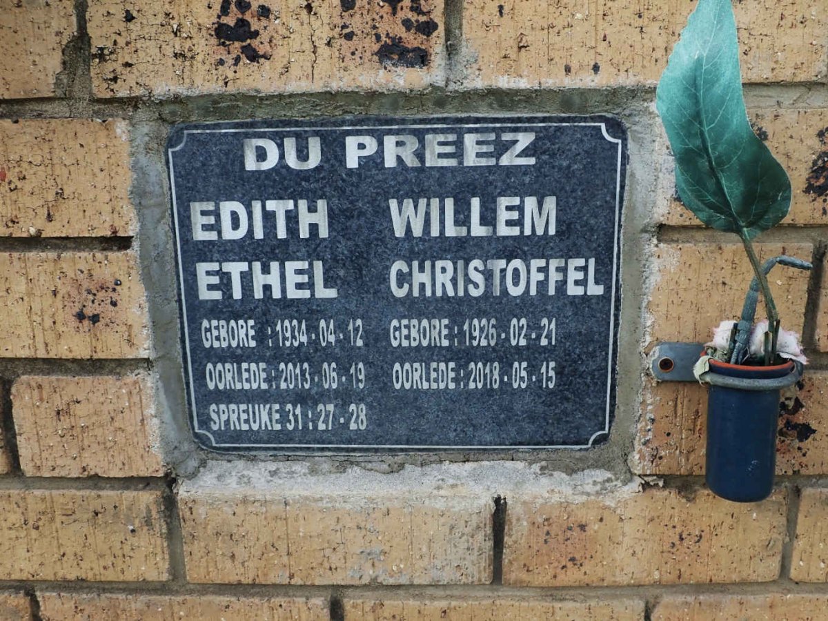 PREEZ Willem Christoffel, du 1926-2018 &amp; Edith Ethel 1934-2013