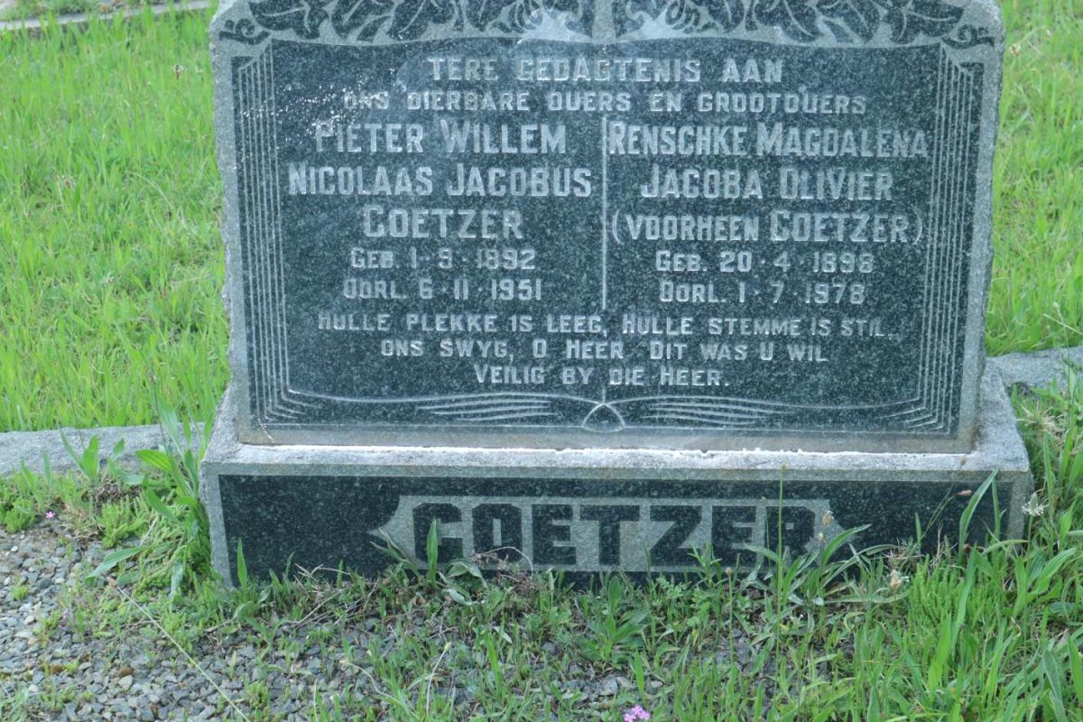 COETZER Pieter Willem Nicolaas Jacobus 1892-1951 &amp; Renschke Magdalena Jacoba OLIVIER voorheen COETZER 1898-1978