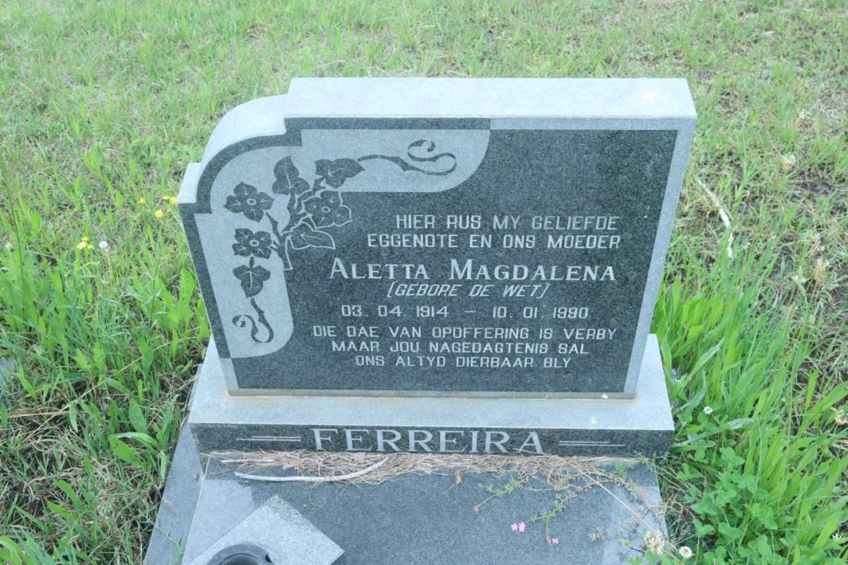 FERREIRA Aletta Magdalena nee DE WET 1914-1990