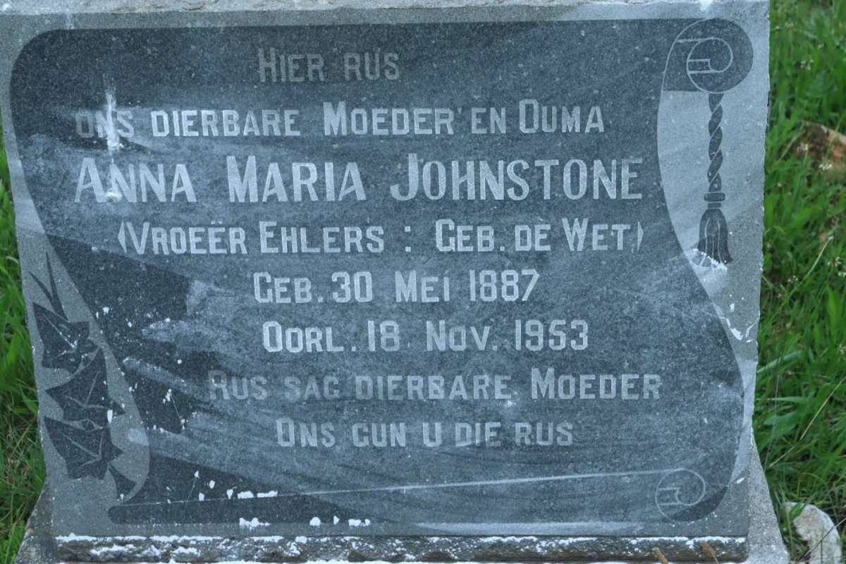 JOHNSTONE Anna Maria vorheen EHLERS nee DE WET 1887-1953