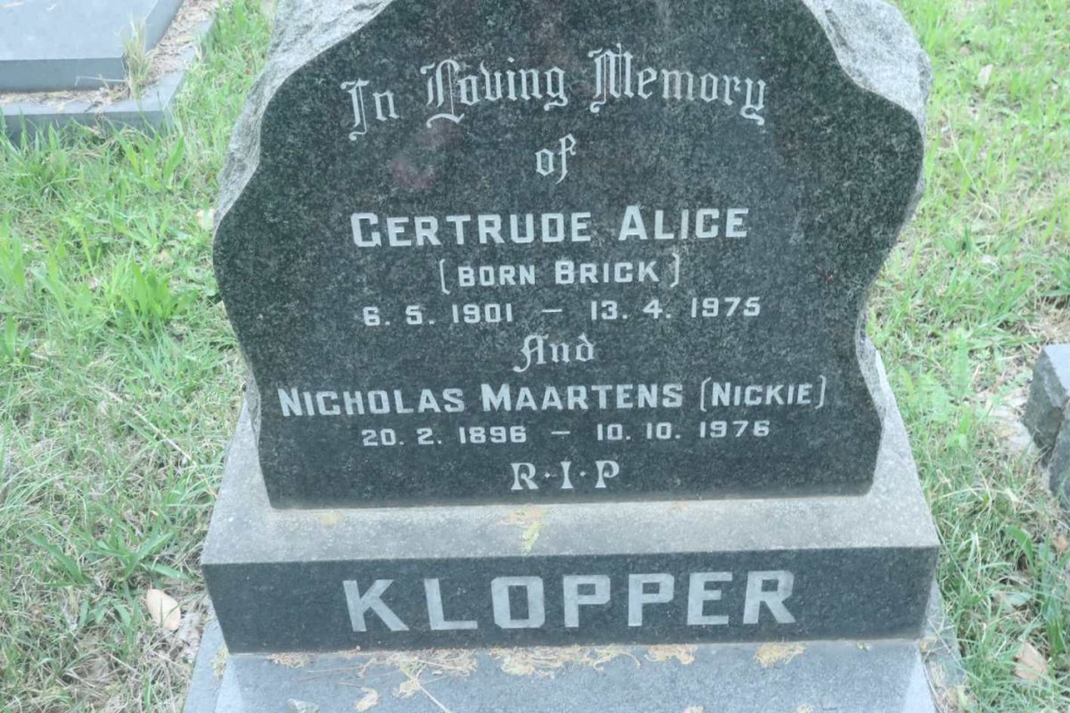 KLOPPER Nicholas Maartens 1896-1976 &amp; Gertrude Alice BRICK 1901-1975
