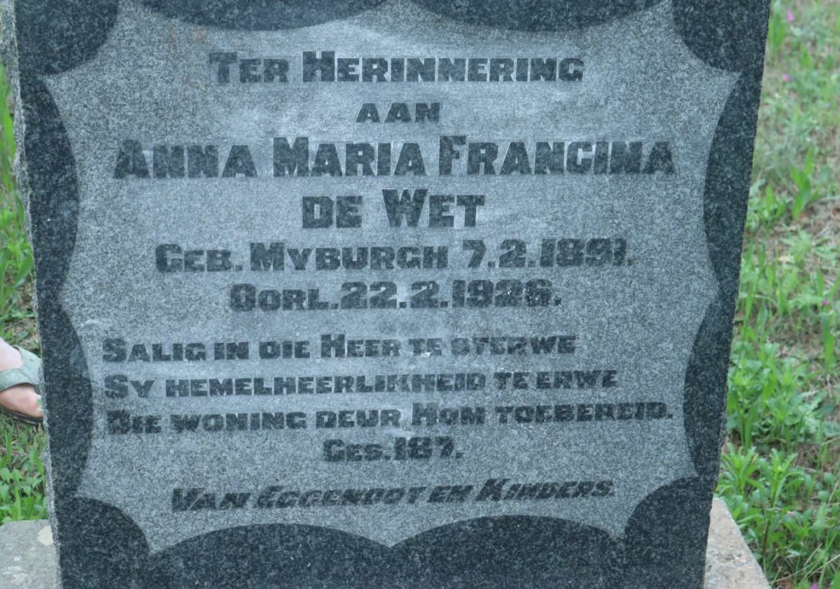 WET Anna Maria Francina, de nee MYBURGH 1891-1926
