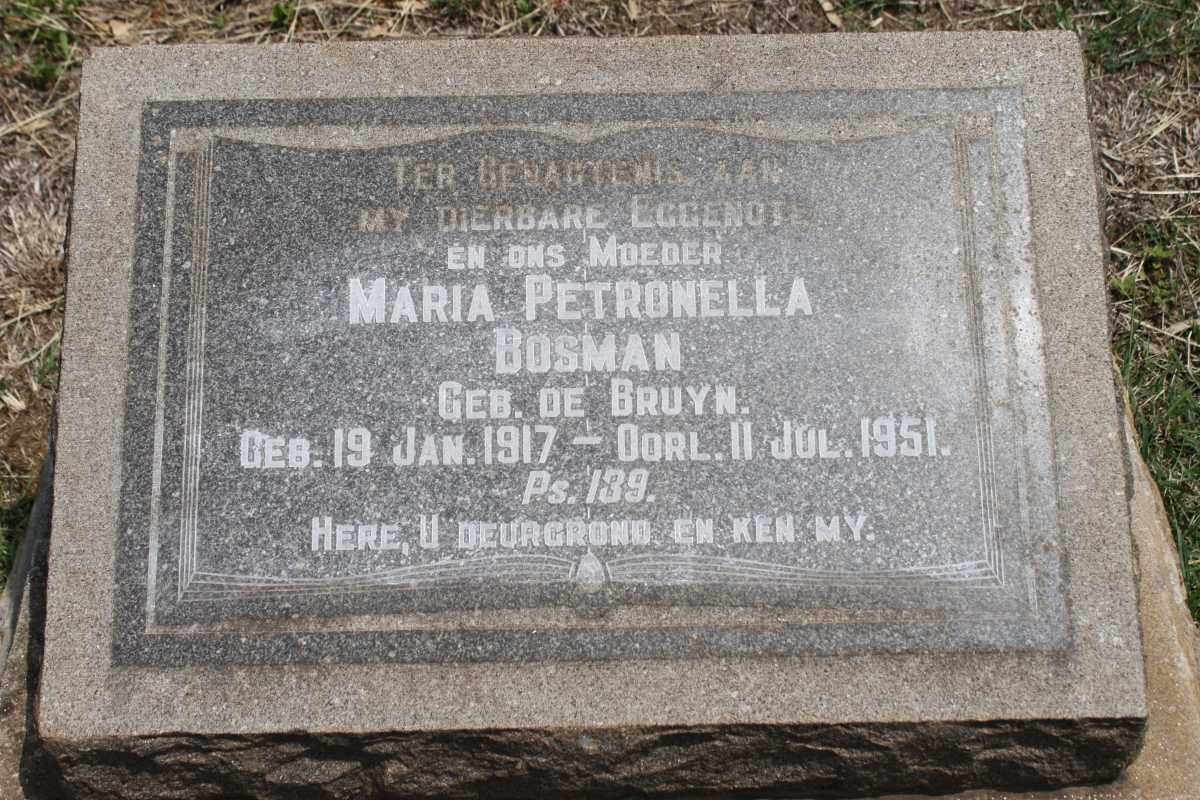 BOSMAN Maria Petronella nee DE BRUYN 1917-1951