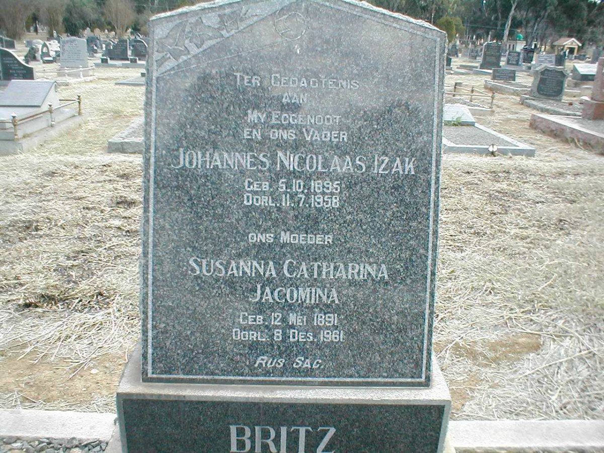 BRITZ Johannes Nicolaas Izak 1895-1958 &amp; Susanna Catharina Jacomina 1891-1961