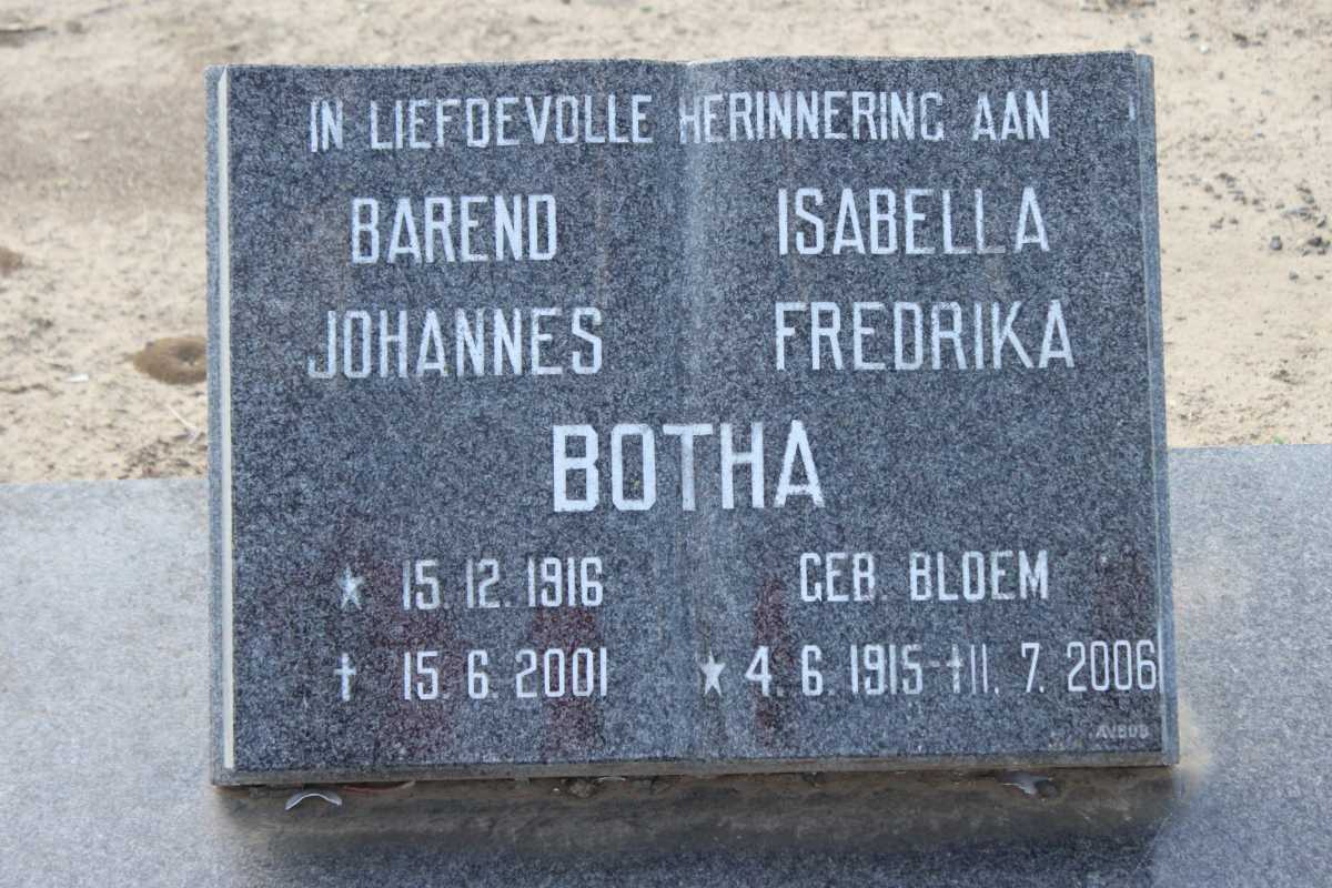 BOTHA Barend Johannes 1916-2001 &amp; Isabella Fredrika BLOEM 1915-2006