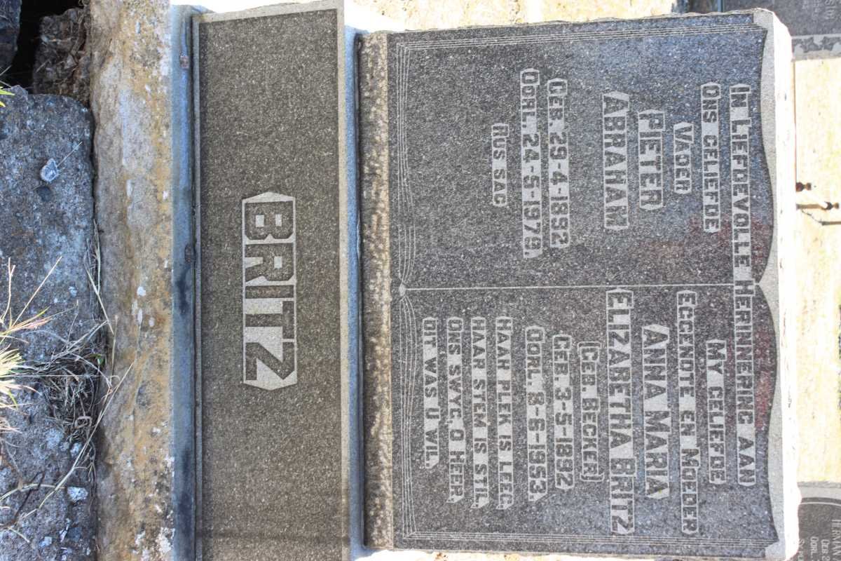 BRITZ Pieter Abraham 1892-1979 &amp; Anna Maria Elizabetha BECKER 1892-1953
