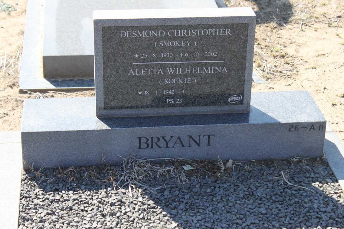 BRYANT Desmond Christopher 1930-2002 &amp; Aletta Wilhelmina 1942-
