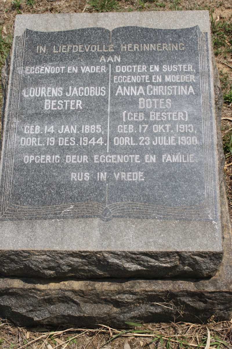 BESTER Lourens Jacobus 1885-1944 :: BOTES Anna Christina nee BESTER 1913-1930