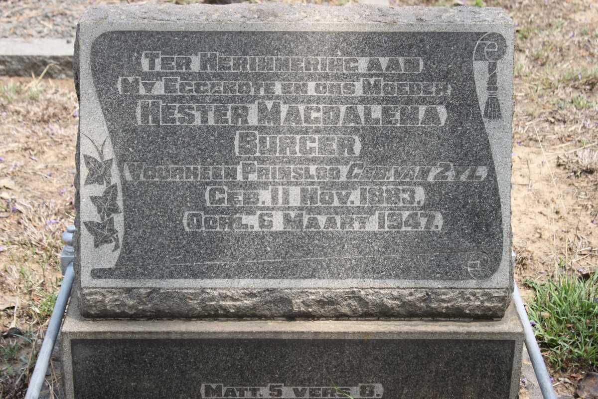 BURGER Hester Magdalena voorheen PRINSLOO nee VAN ZYL 1883-1947
