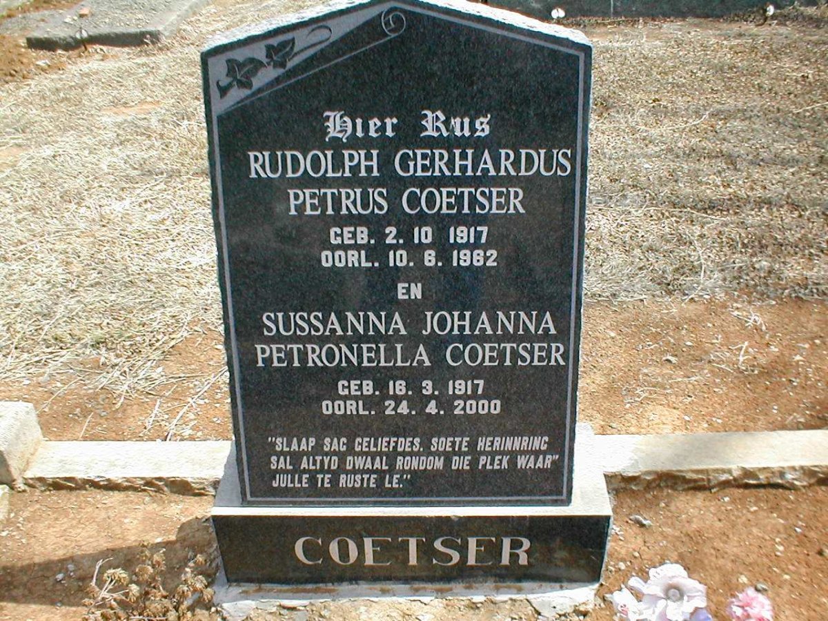 COETSER Rudolph Gerhardus Petrus 1917-1962 &amp; Sussanna Johanna Petronella 1917-2000