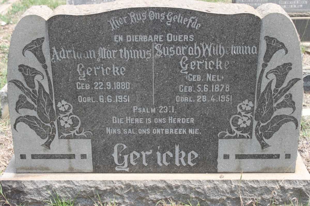 GERICKE Adriaan Marthinus 1880-1951 &amp; Susarah Wilhelmina NEL 1878-1951
