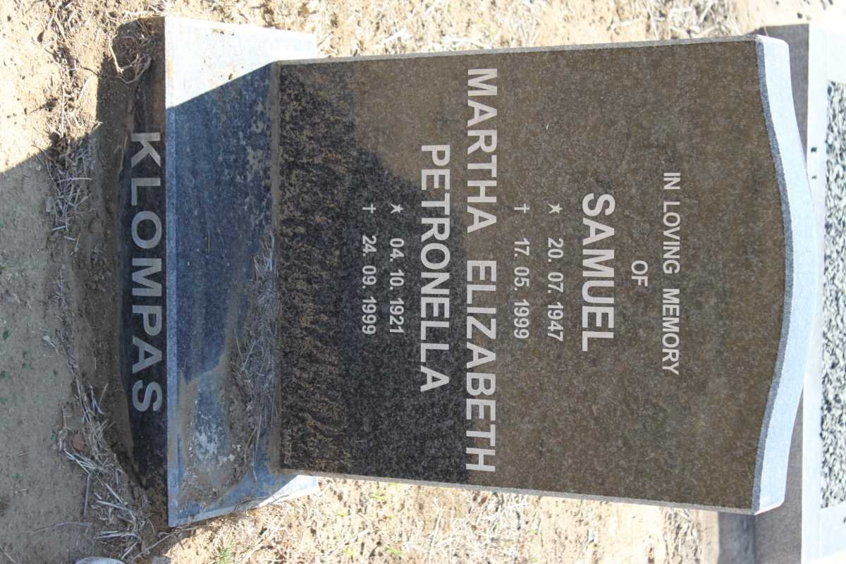 KLOMPAS Samuel 1947-1999 &amp; Martha Elizabeth Petronella 1921-1999