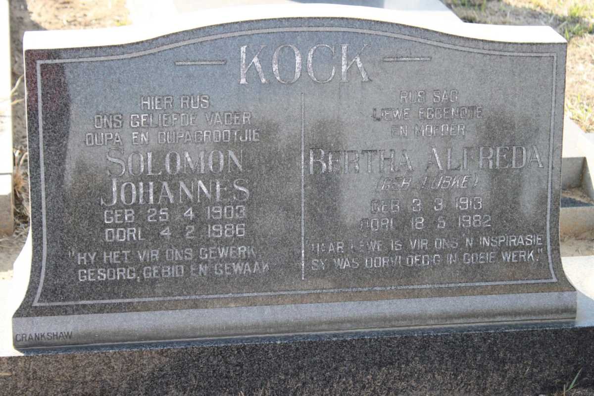 KOCK Solomon Johannes 1903-1986 &amp; Bertha Alfreda LUBKE 1913-1982