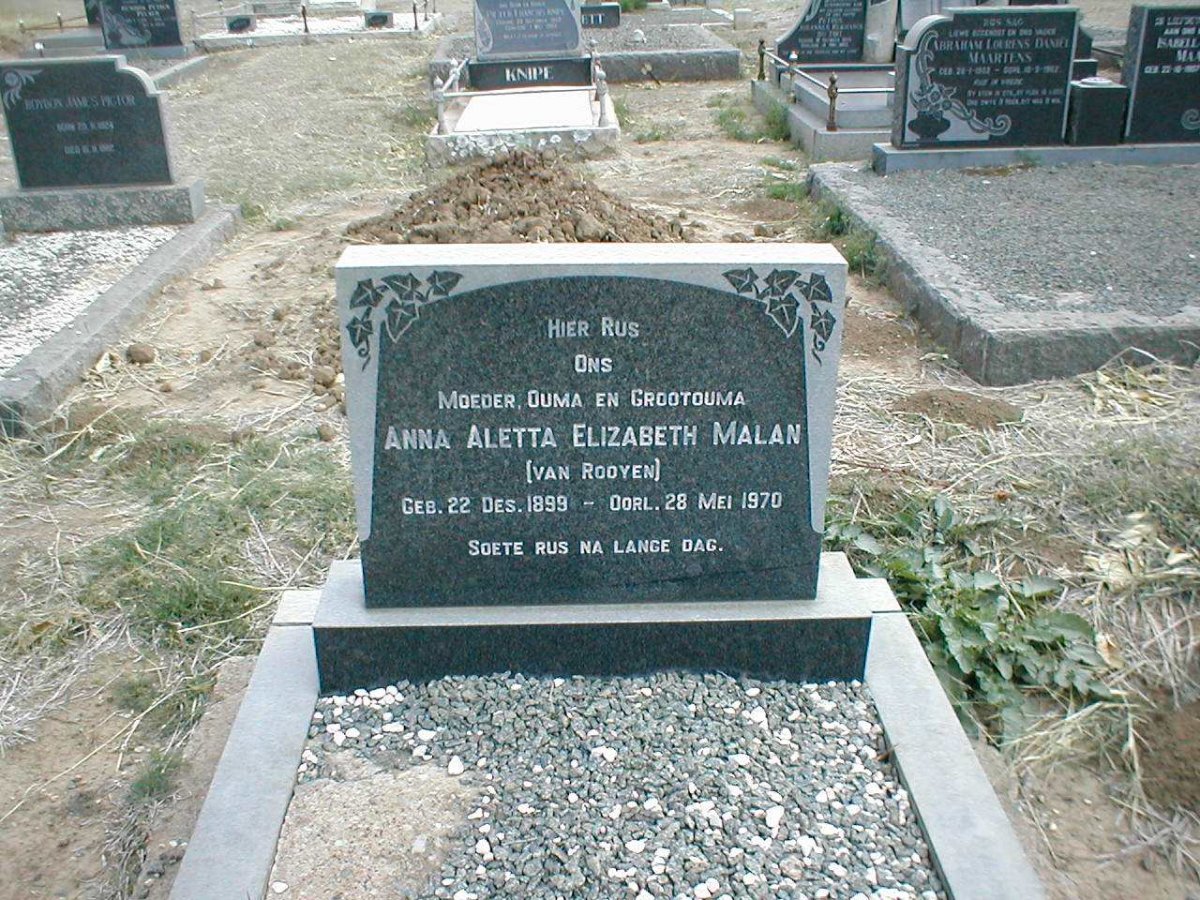 MALAN Anna Aletta Elizabeth nee VAN ROOYEN 1899-1970