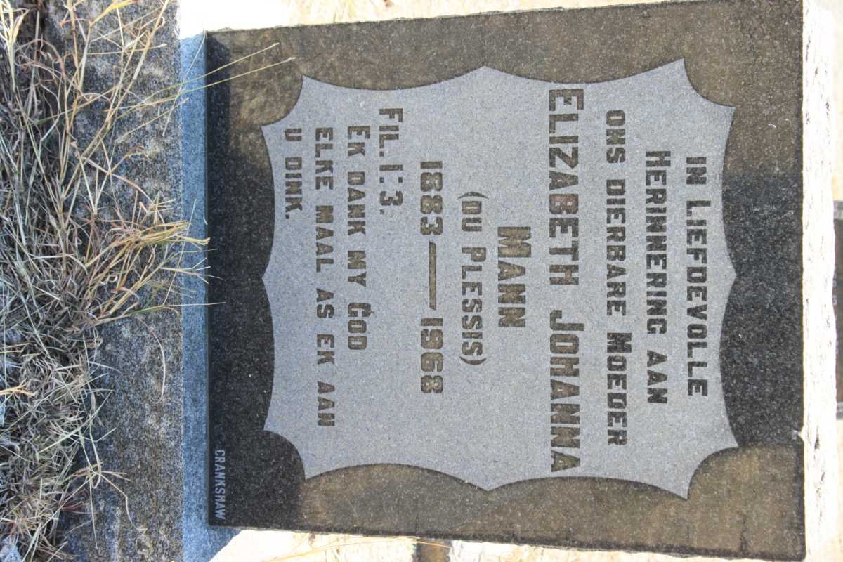 MANN Elizabeth Johanna nee DU PLESSIS 1883-1968