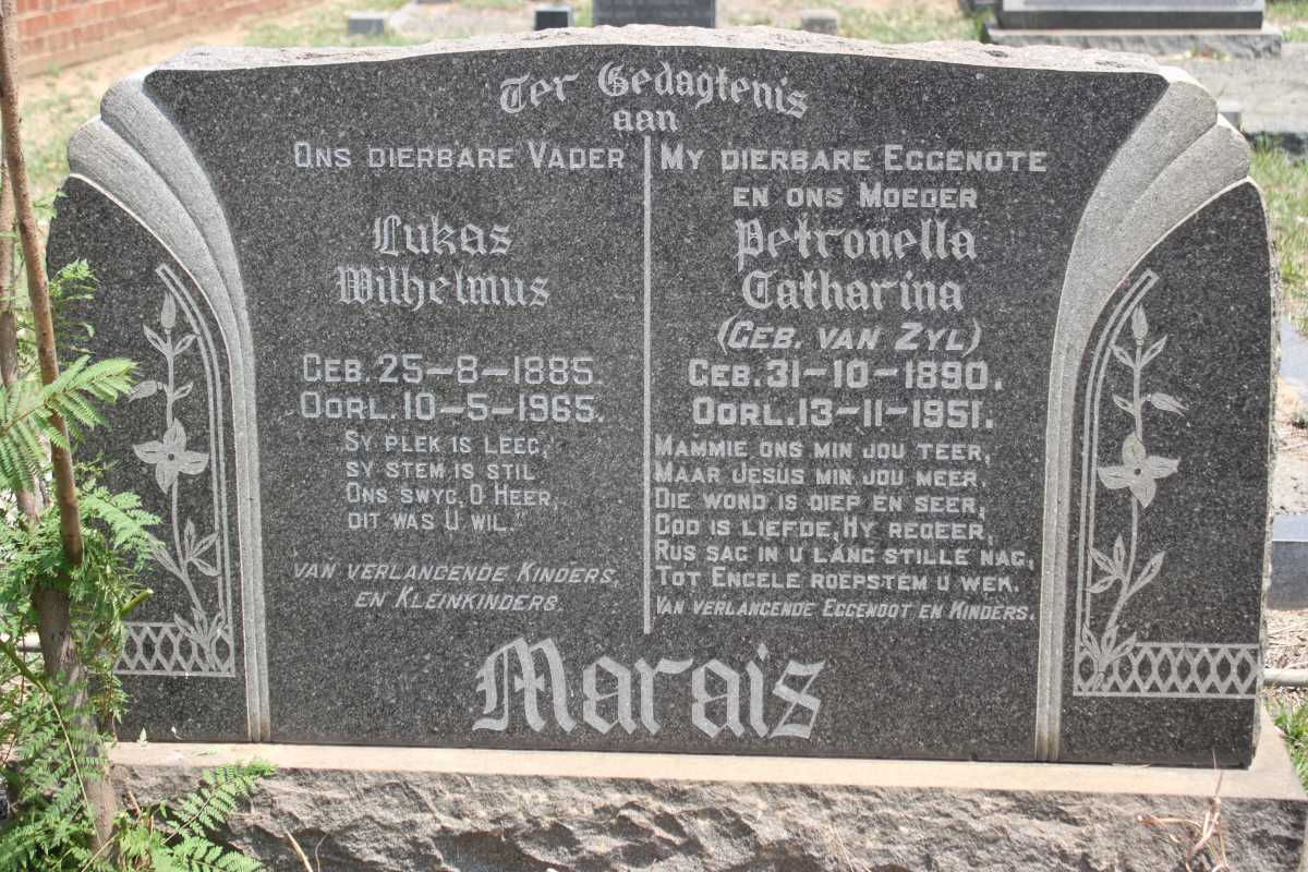MARAIS Lukas Wilhelmus 1885-1965 &amp; Petronella Catharina VAN ZYL 1890-1951