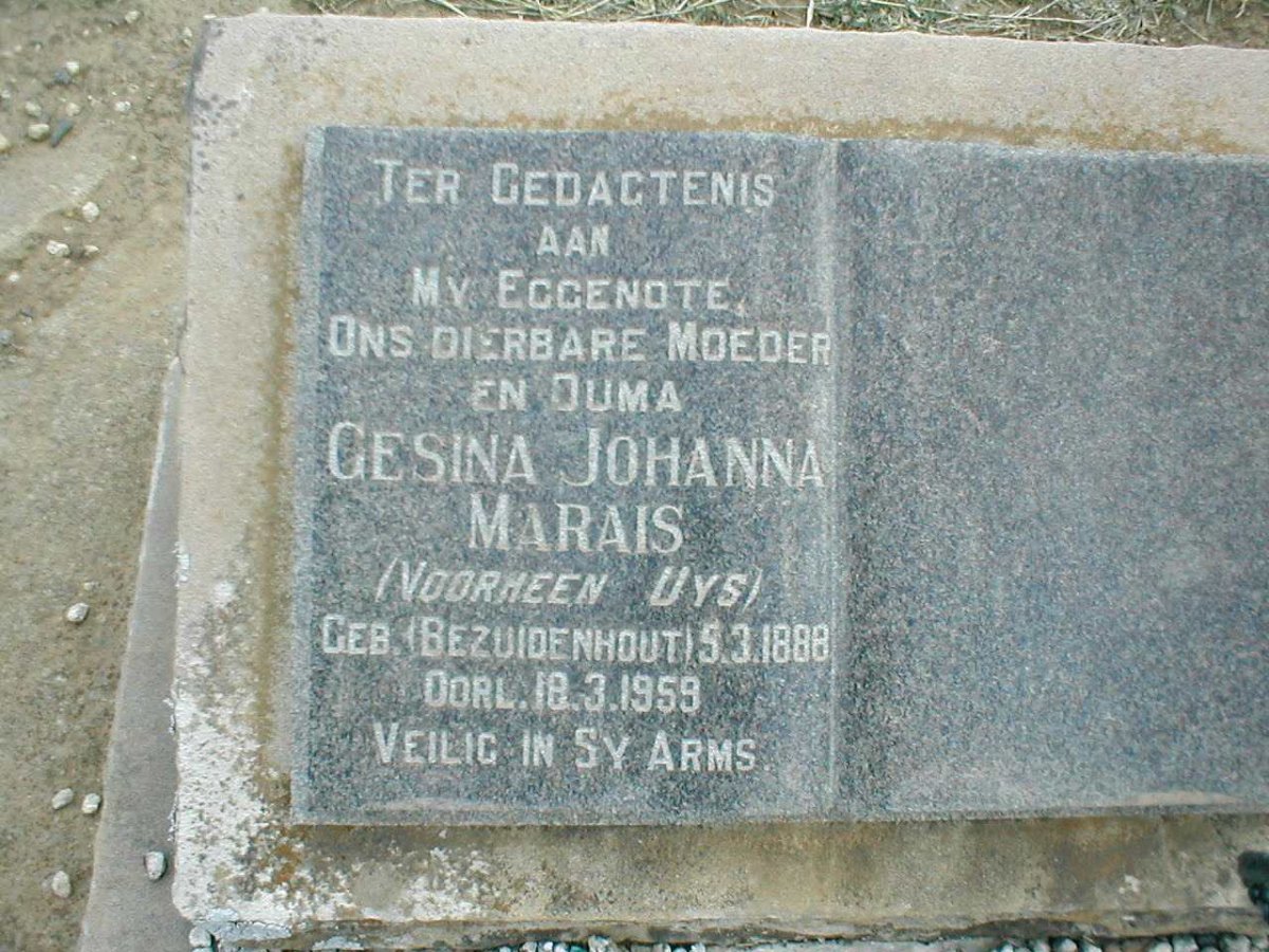 MARAIS Gesina Johanna formerly UYS  nee BEZUIDENHOUT 1888-1959