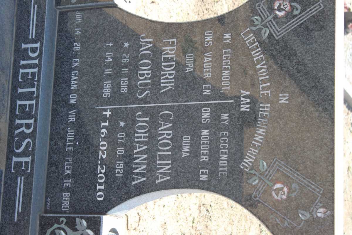 PIETERSE Fredrik Jacobus 1918-1986 &amp; Carolina Johanna 1921-2010