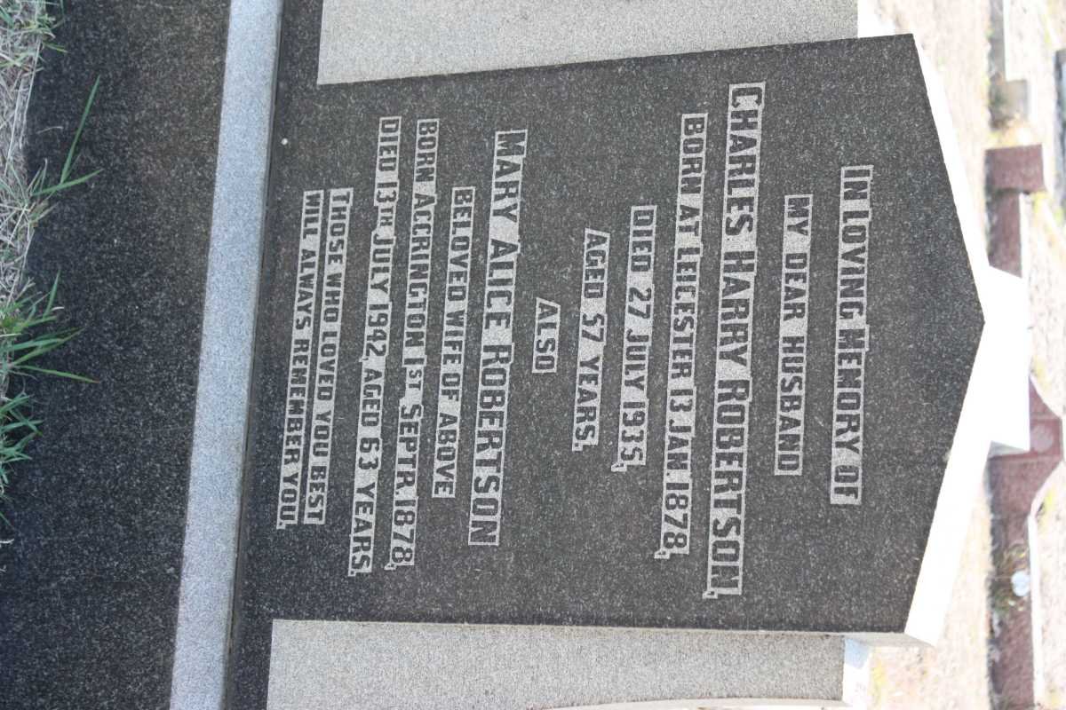 ROBERTSON Charles Harry 1878-1935 &amp; Mary Alice ACCRINGTON 1878-1942