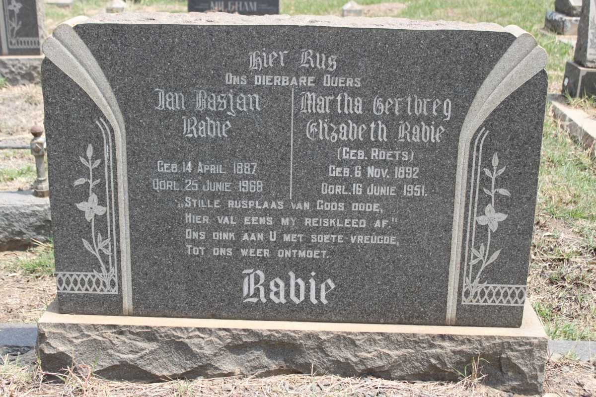 RABIE Jan Basjan 1887-1968 &amp; Martha Gertbreg Elizabeth ROETS 1892-1951
