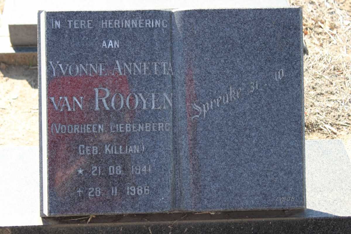 ROOYEN Yvonne Anetta, van voorheen LIEBENBERG nee KILLIAN 1941-1986 