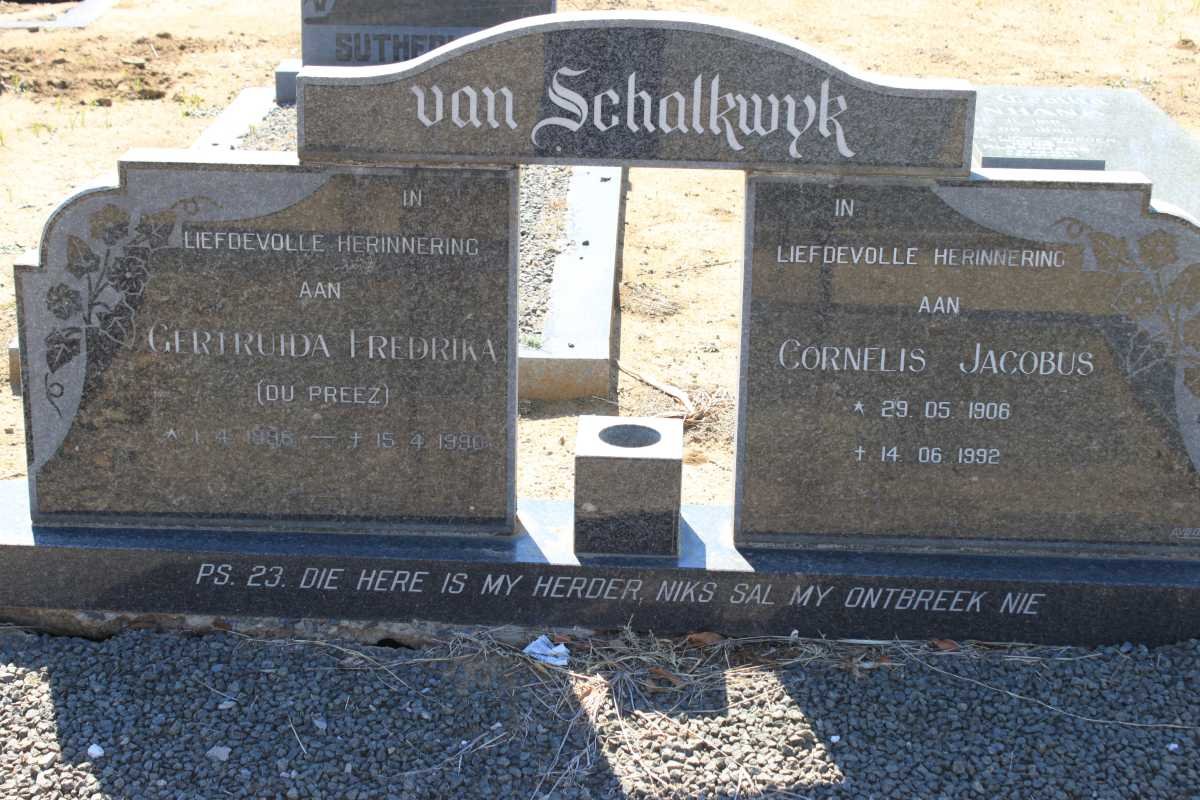 SCHALKWYK Cornelis Jacobus, van 1906-1992 &amp; Gertruida Fredrika du PREEZ ?-1990