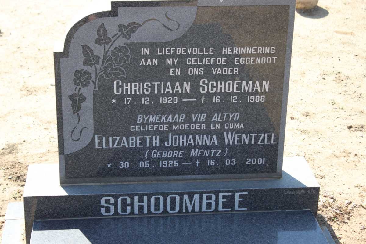 SCHOOMBEE Christiaan Schoeman 1920-1988 &amp; Elizabeth Johanna Wentzel MENTZ 1925-2001