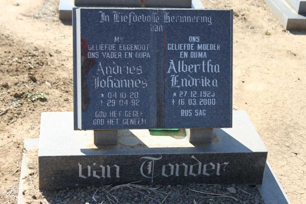 TONDER Andries Johannes, van 1920-1992 &amp; Albertha Endrika 1923-2000