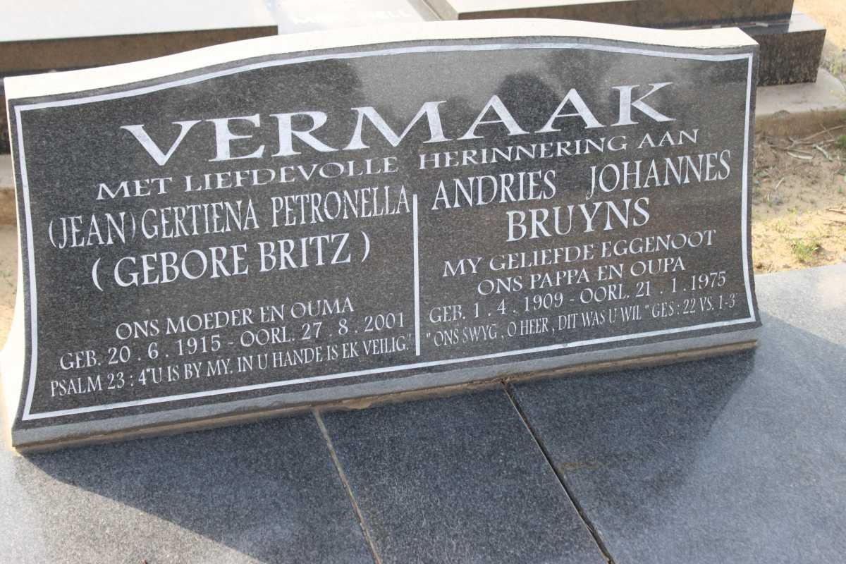 VERMAAK Andries Johannes Bruyns 1909-1975 &amp; Gertiena Petronella BRITZ 1915-2001