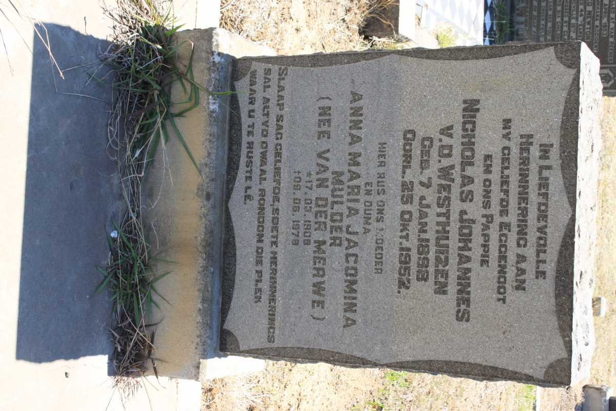 WESTHUIZEN Nicholas Johannes, v.d. 1898-1952 &amp; Anna Maria Jacomina Mulder VAN DER MERWE 1908-1978