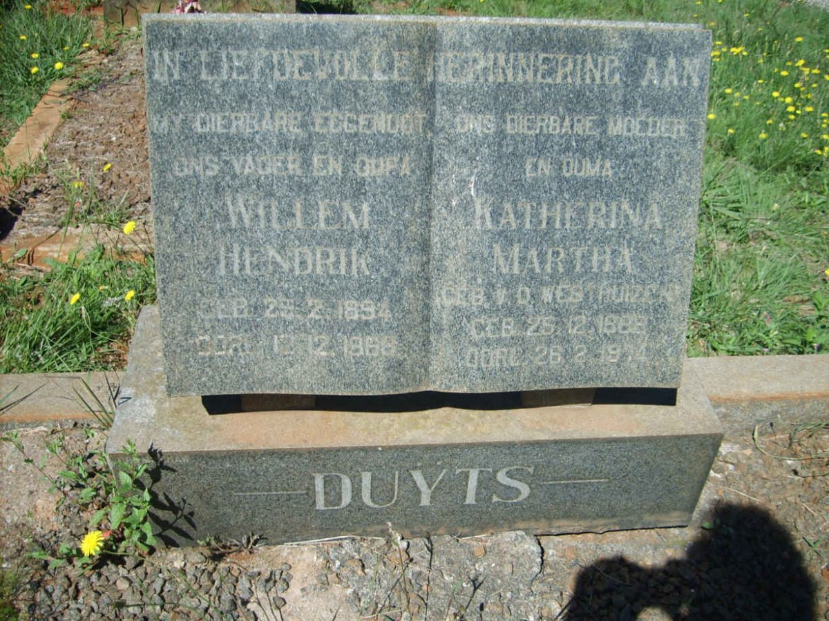 DUYTS Willem Hendrik 1894-1968 &amp; Katherina Martha VAN DER WESTHUIZEN 1889-1924