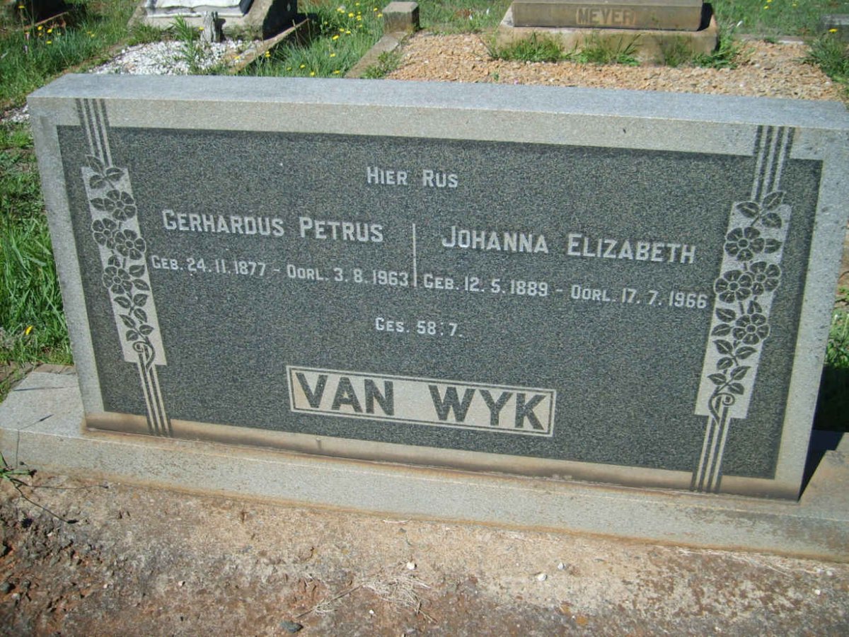 WYK Gerhardus Petrus, van 1877-1963 &amp; Johanna Elizabeth 1889-1966